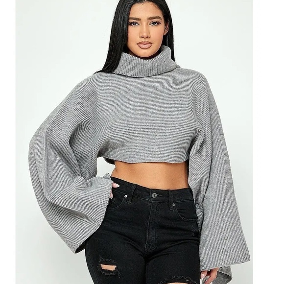 Elegant Turtleneck Bell Sleeve Crop Top
